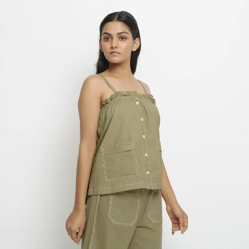 Khakhi Green Patch Pocket 100% Cotton Button-Down Cami TopCamisoleStellar