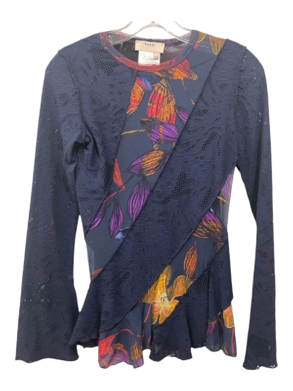Fuzzi Size XS Blue, Orange, Red Nylon Blend Long Sleeve Floral Mesh Top